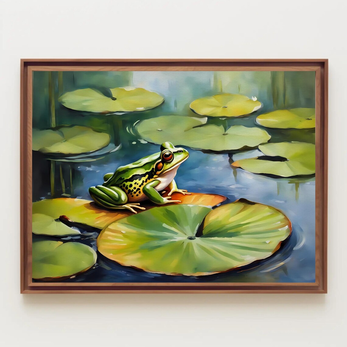 Green Frog On Lily Pad Pond Watercolor Whimsical Nature Poster