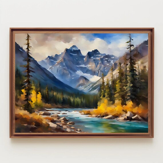 Banff National Park Mountain Lake Peaks Watercolor Scenic Poster