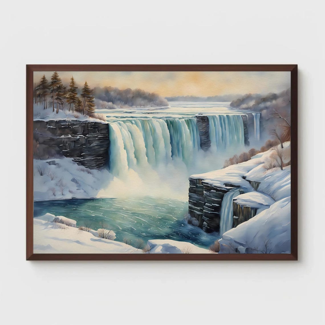 Niagara Falls in Winter Snowy Waterfall Watercolor Landscape Print
