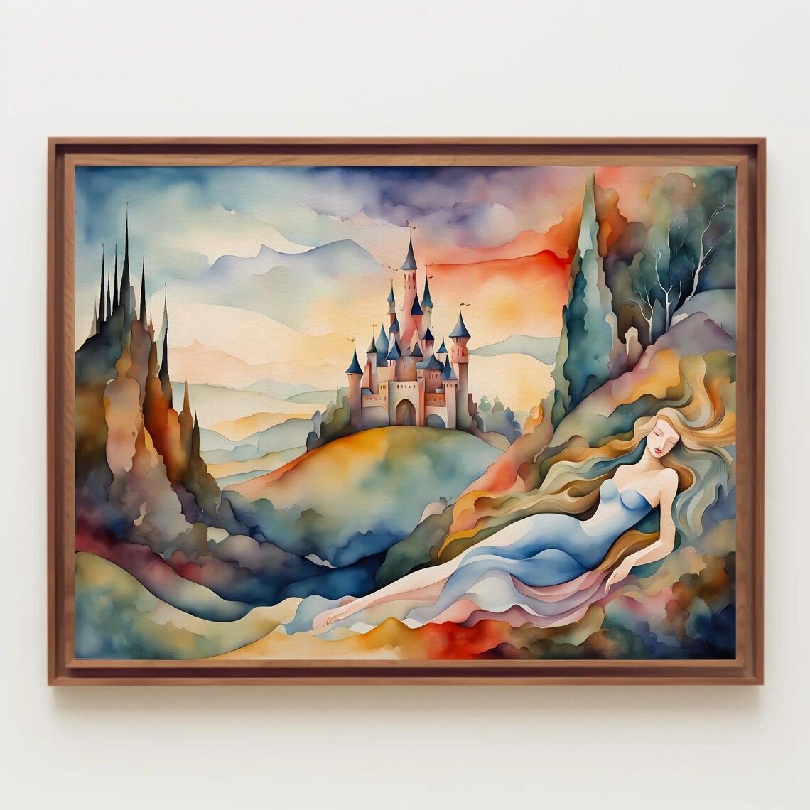 Reclining Woman Fairytale Castle Watercolor Romantic Fantasy Poster