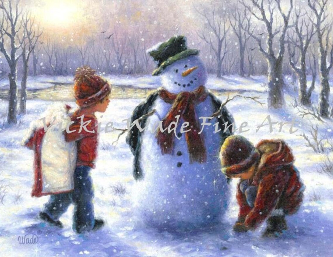 Two Children and Snowman in Snowy Winter Woods Sunset Poster