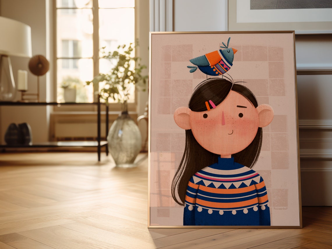 Bird And Girl Art Print Nursery Wall Art Girl Nursery Decor Gift For Nursery Girls Room Wall Art Cute Girl Poster Little Girls Room Art - Image 2