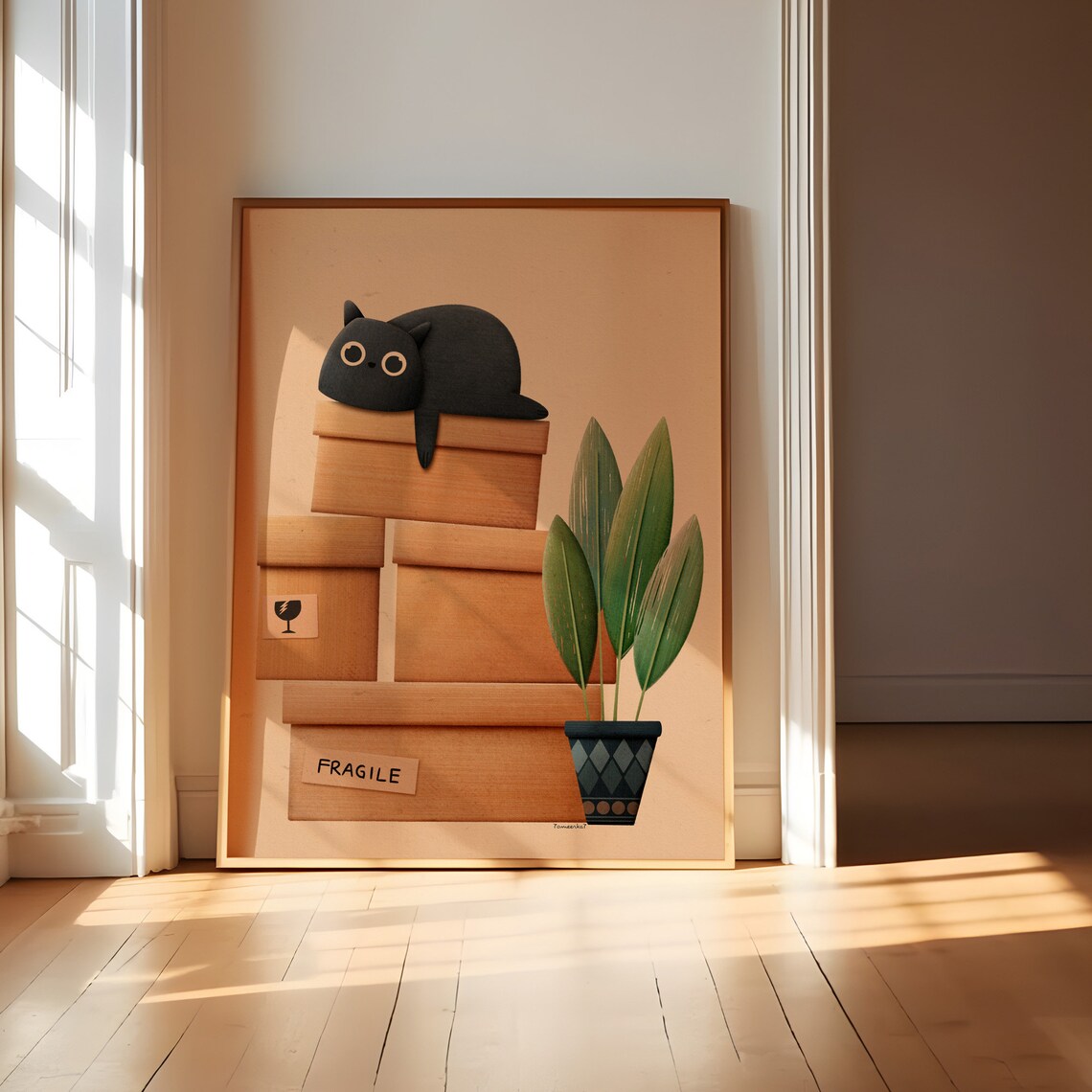 Cat Art Print, Kitten Illustration With Plant