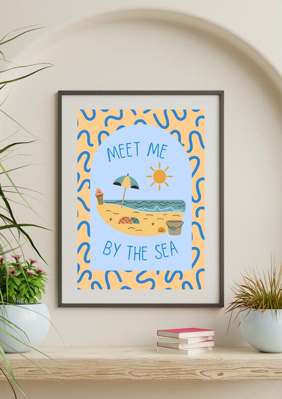 Meet Me By The Sea Retro Beach Umbrella Summer Coastal Poster Art