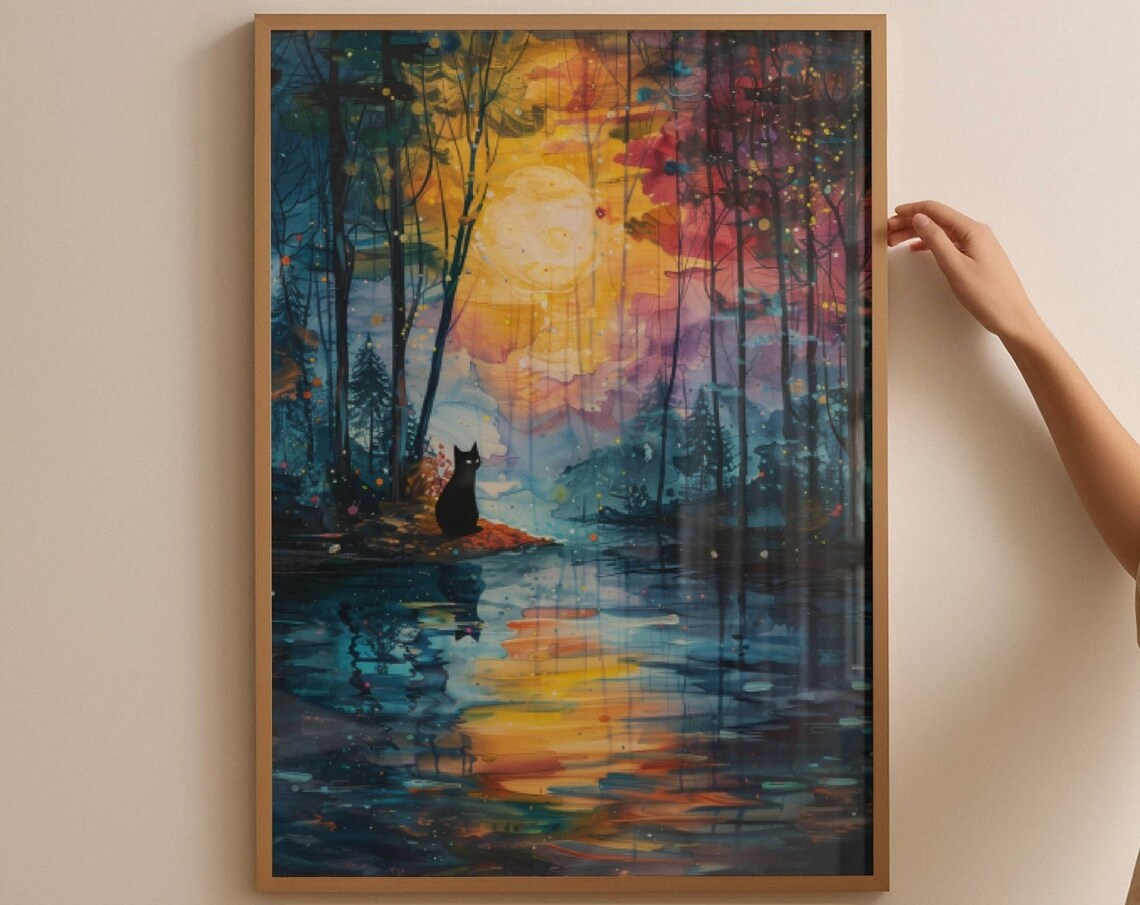 Black Cat Forest Cat Art Print, Woodland Decor