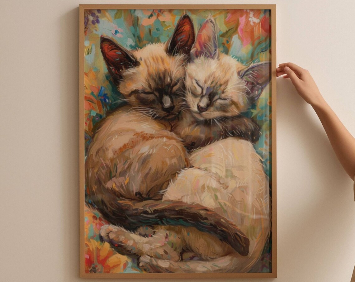 Two Sleeping Siamese Kittens Curled Up in Colorful Painterly Art Poster