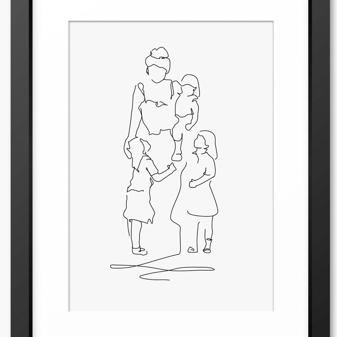 Mother With Three Children Minimalist One Line Drawing Poster