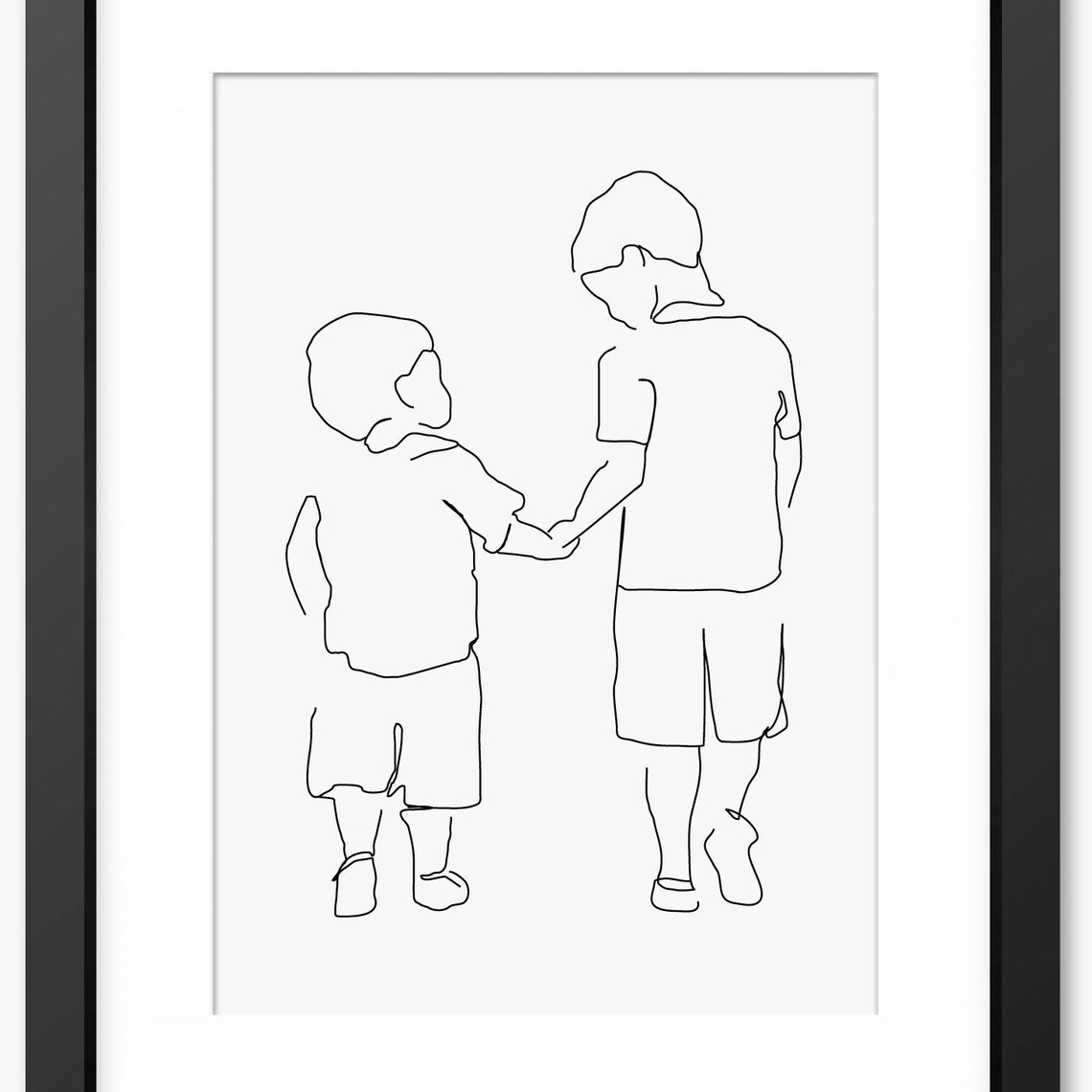 Two Brothers Holding Hands Walking Away Together Line Art Poster