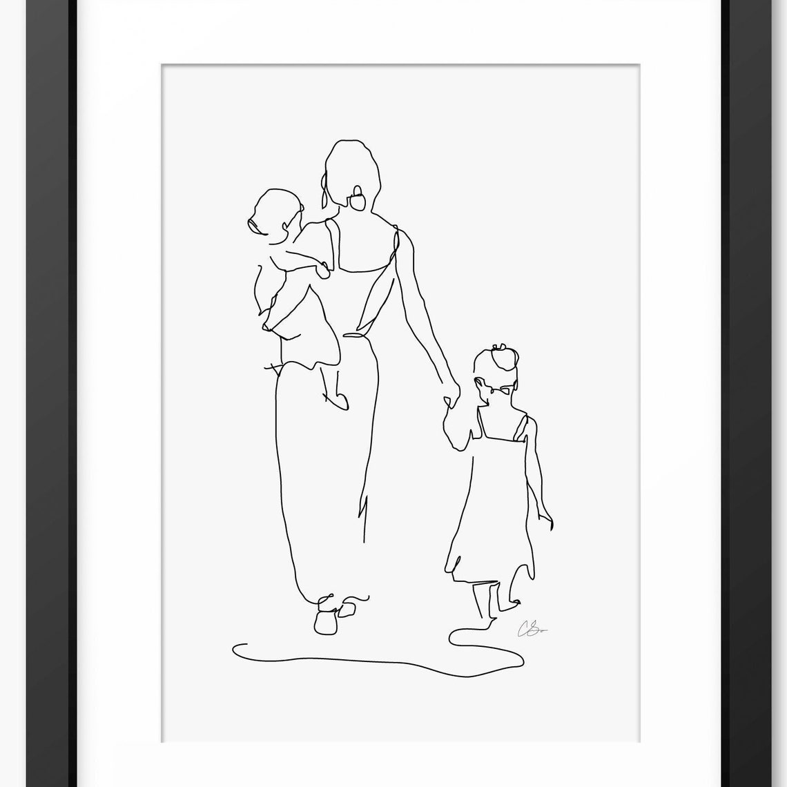 Mother Walking With Her Two Young Daughters Line Art Style Poster
