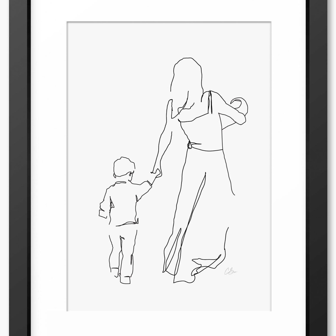 Mother Holding Two Children Gentle One Line Art Wall Print Decor