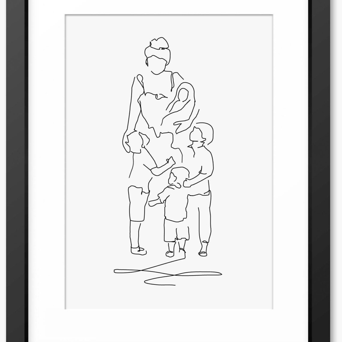 Mother Surrounded by Four Children Minimalist Line Art Poster