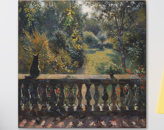 Black Cat Overlooking A Sunlit Garden From A Stone Balcony Poster