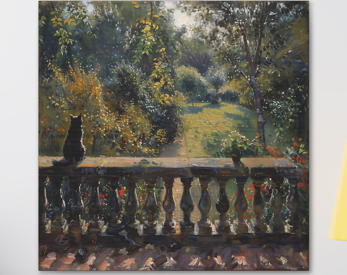 Black Cat Overlooking A Sunlit Garden From A Stone Balcony Poster