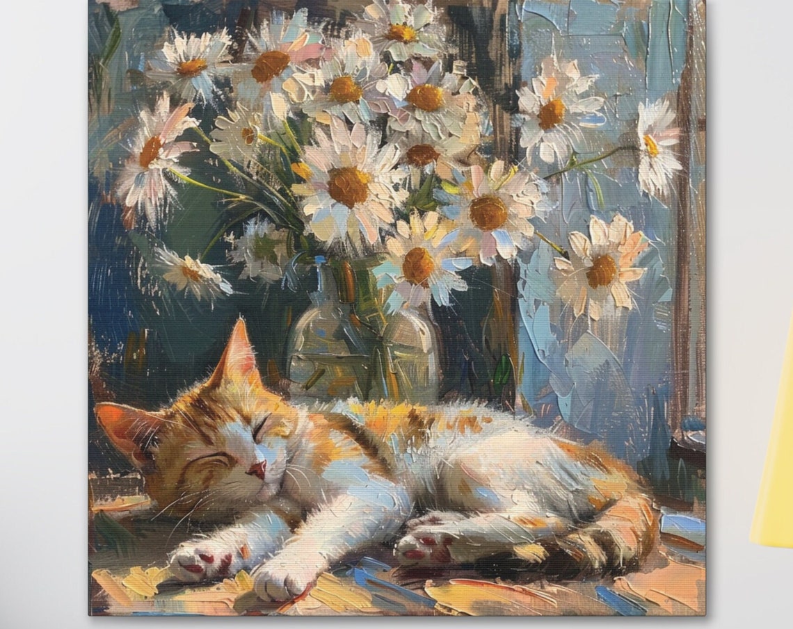Calico Kitten Sleeping Under a Vase of White Daisy Blooms Poster