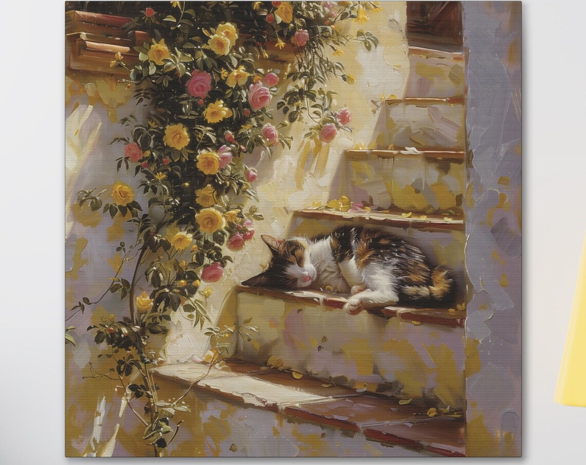 Calico Cat Napping on Sunlit Steps Under Climbing Roses Poster