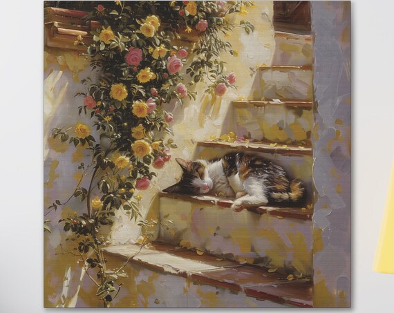 Calico Cat Napping on Sunlit Steps Under Climbing Roses Poster