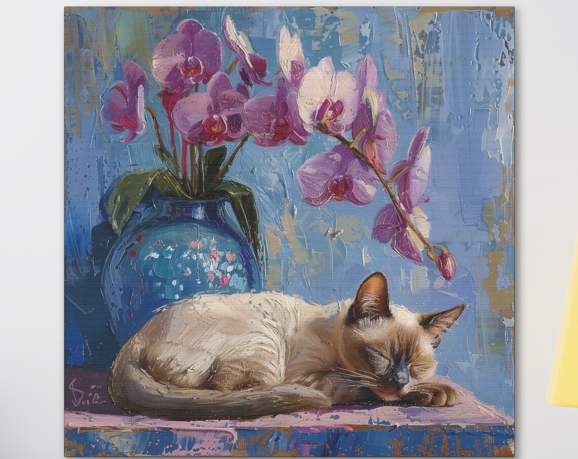 Siamese Cat Sleeping by a Blue Vase of Pink Orchid Blooms Poster