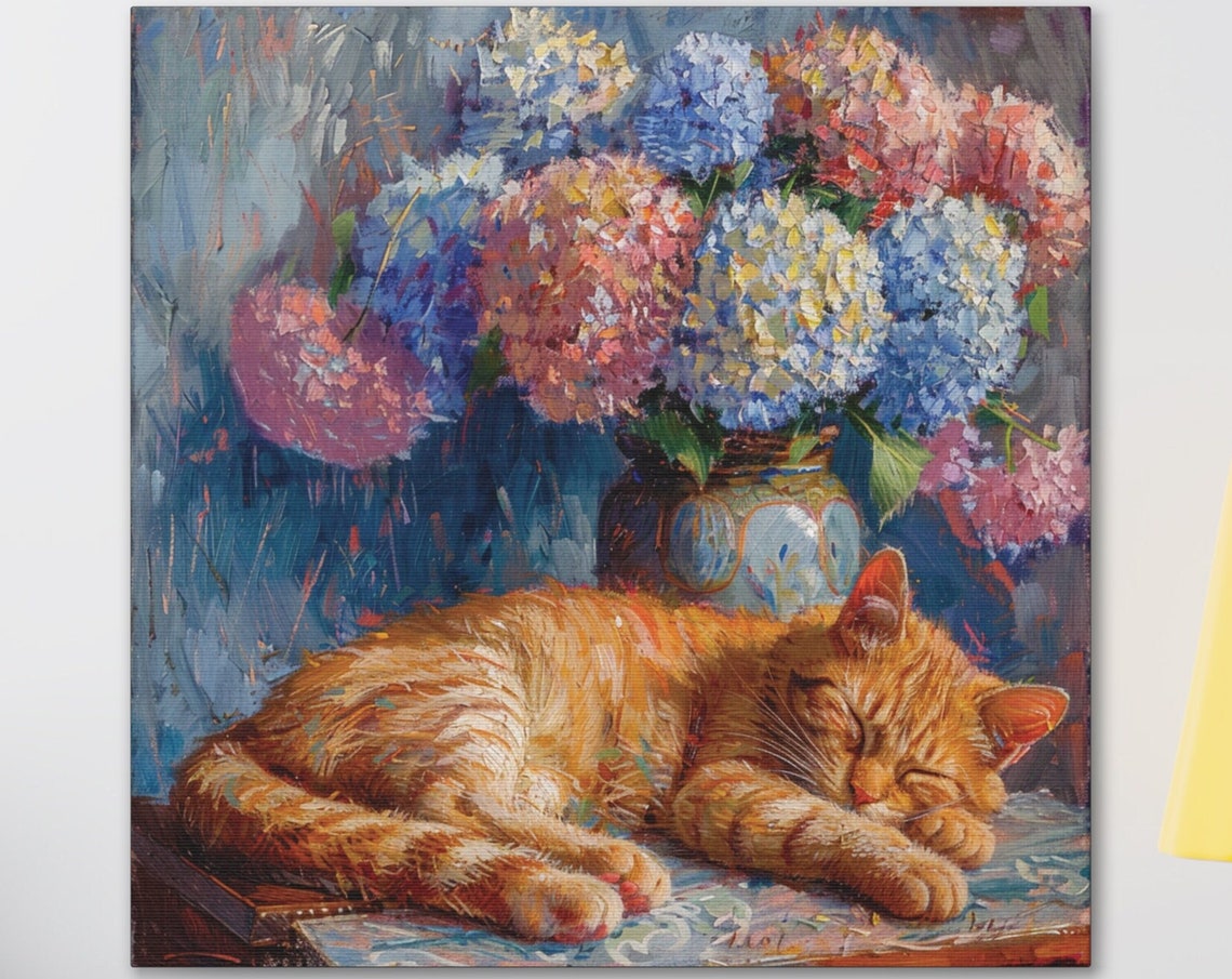 Ginger Cat Sleeping Beneath a Vase of Colorful Hydrangeas Poster