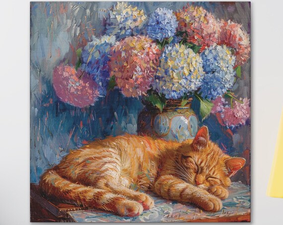 Ginger Cat Sleeping Beneath a Vase of Colorful Hydrangeas Poster