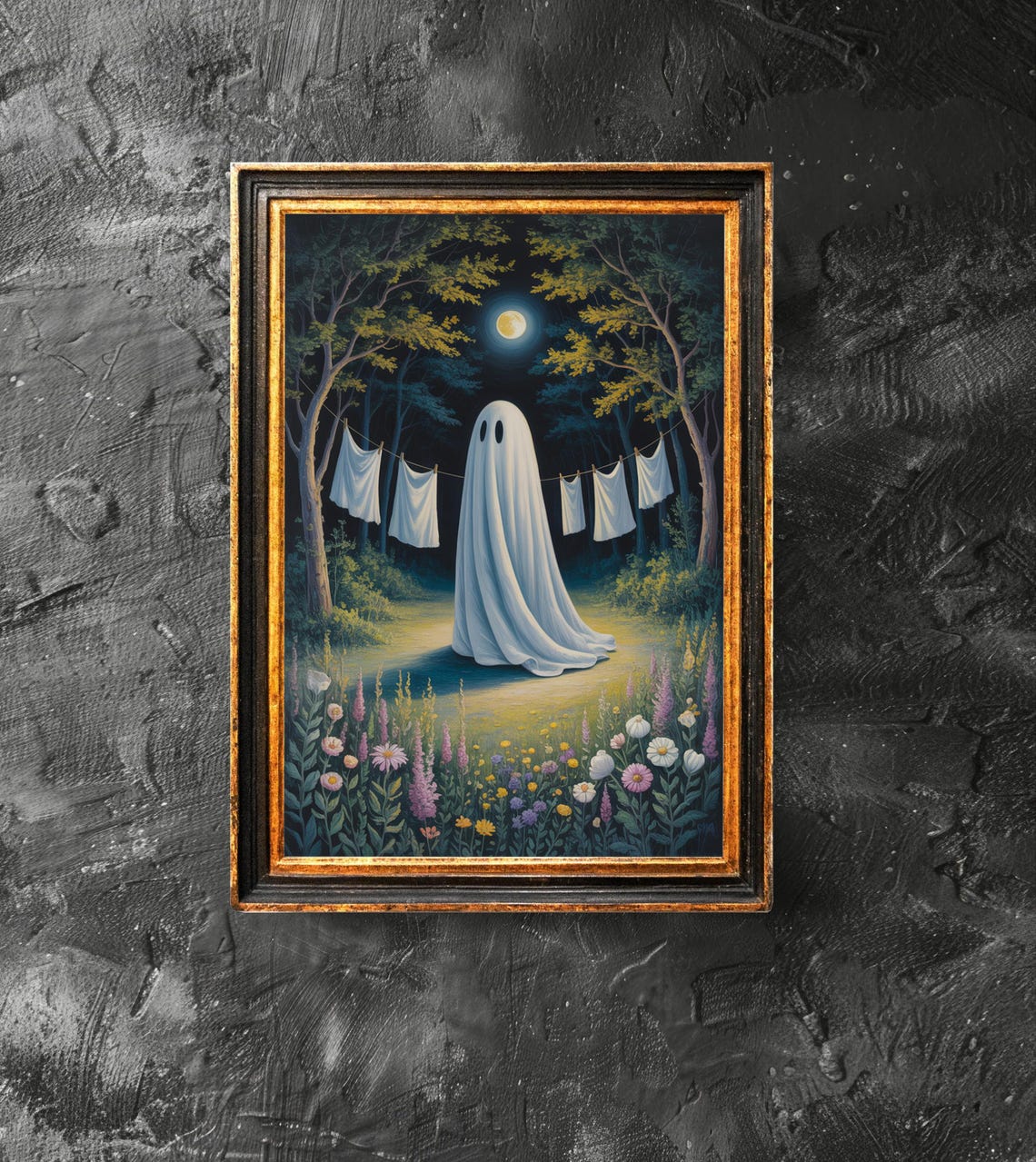 Ghost Laundry Day Vintage Cute Halloween Moonlight Forest Poster