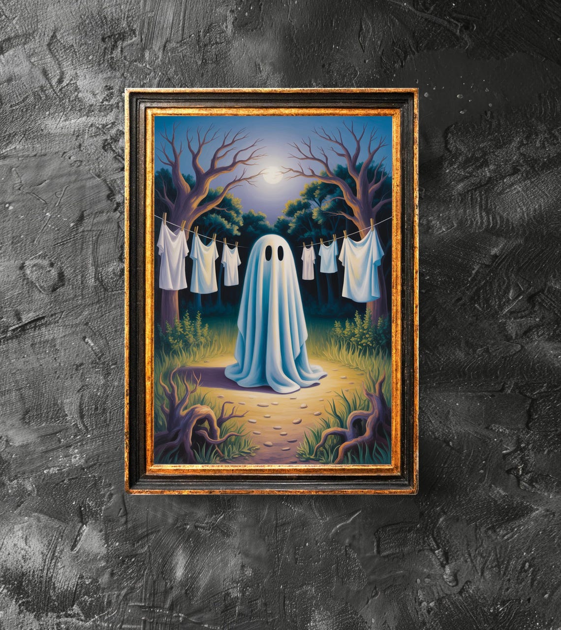 Moonlit Cute Ghost Laundry Line Spooky Night Halloween Poster
