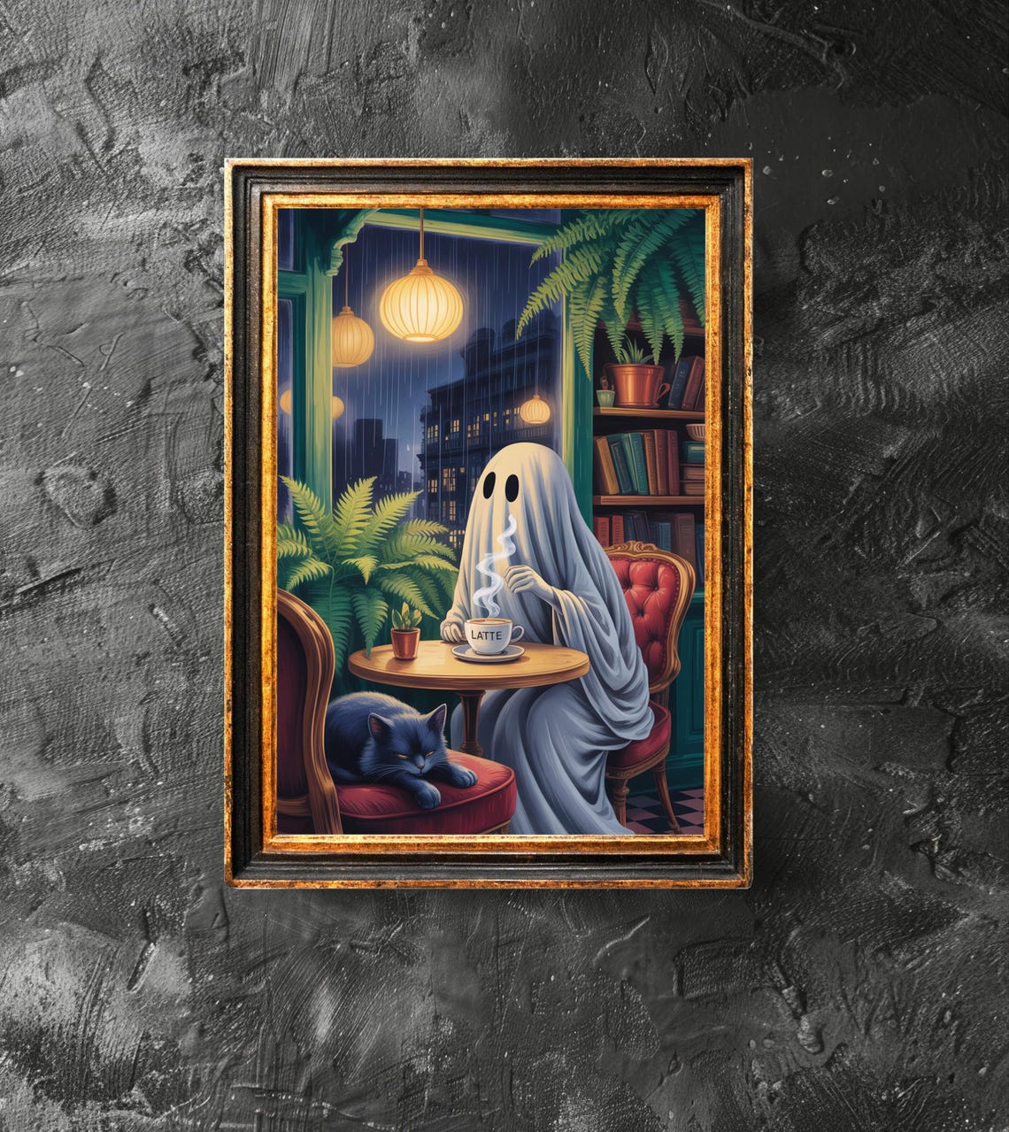 Ghost Drinking Coffee Cozy Cafe Black Cat Cute Halloween Poster