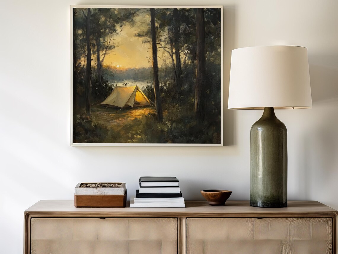 Forest Campsite Sunset Oil Painting Glowing Tent Woodland Wall Print