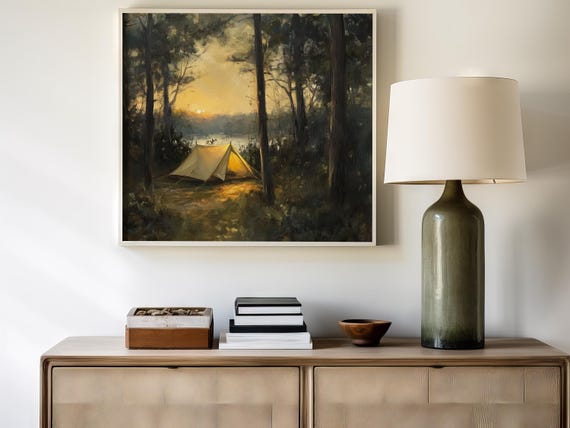 Forest Camping Sunset Oil Painting Style Print