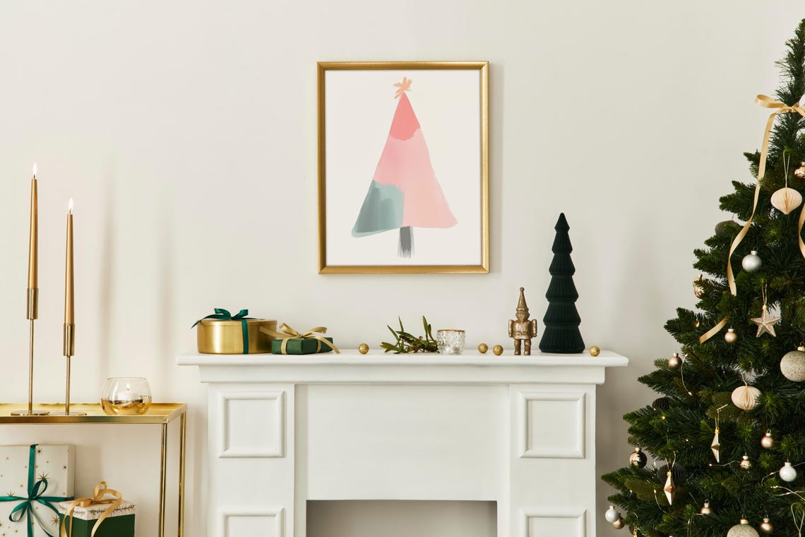 Modern Color Block Christmas Tree Abstract Pink Holiday Art Print