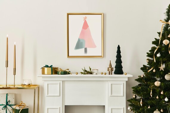 Modern Color Block Christmas Tree Abstract Pink Holiday Art Print