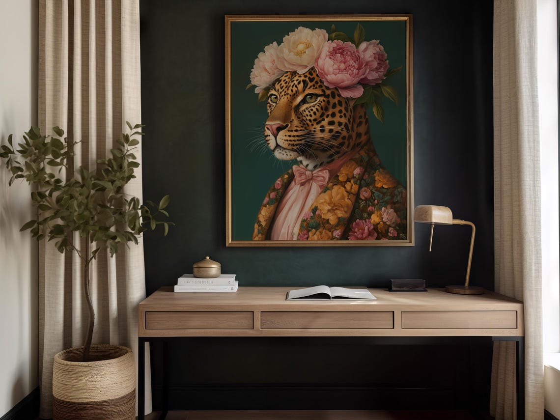 Regency Leopard Floral Blazer Peony Crown Tropical Portrait Art Poster