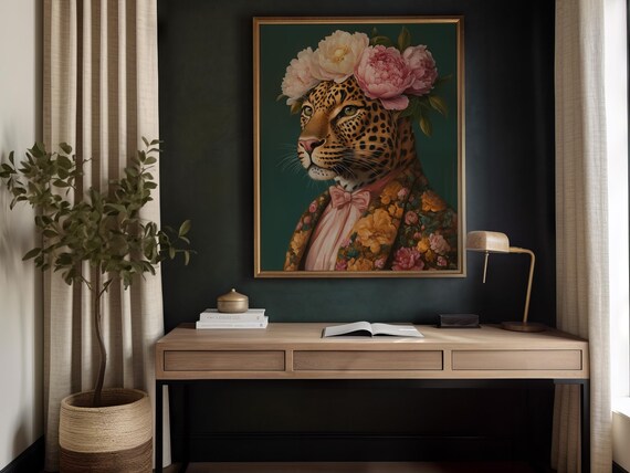 Floral Leopard Portrait Instant Tropical Regency Animal Art