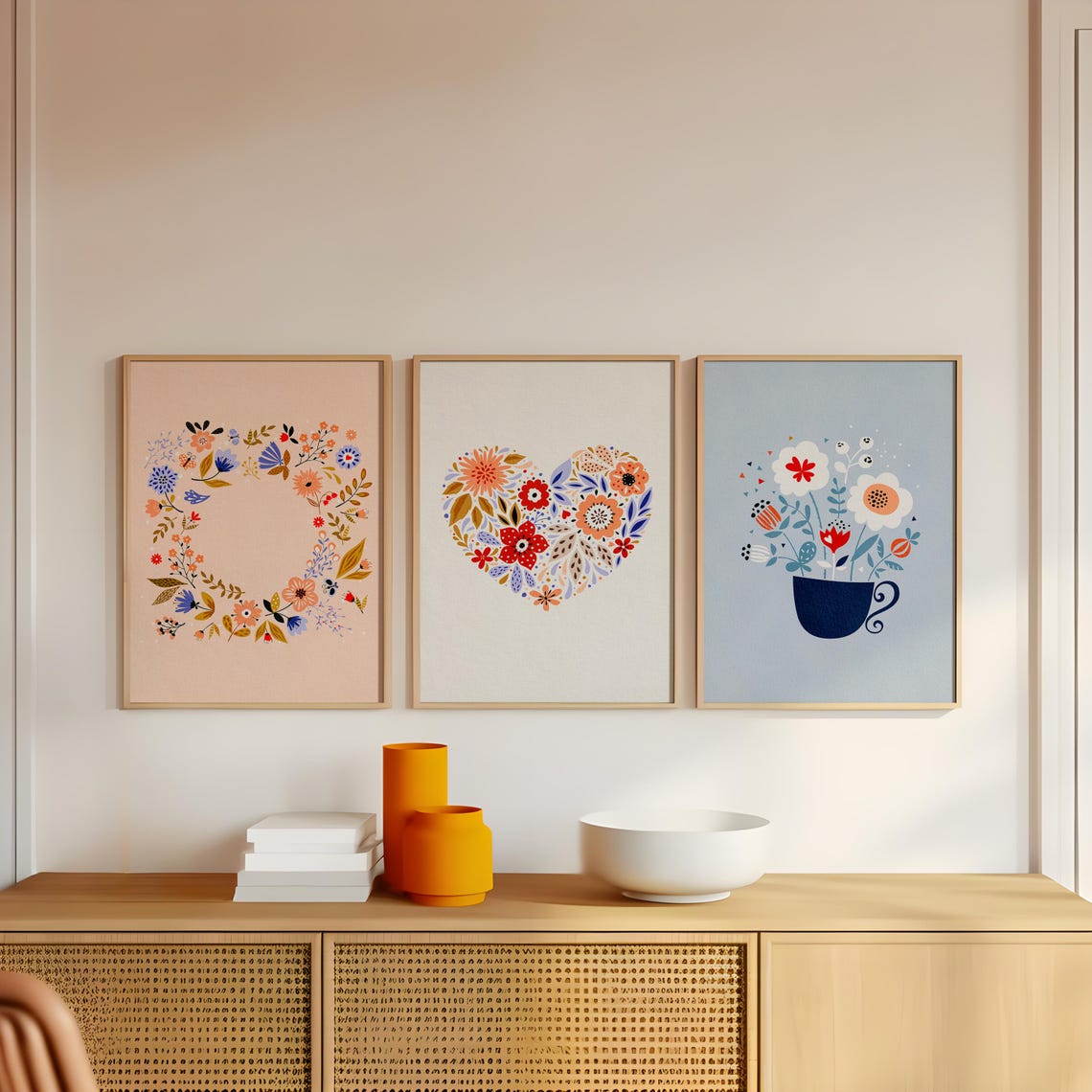 Scandinavian Floral Heart Wreath Teacup Trio Botanical Poster