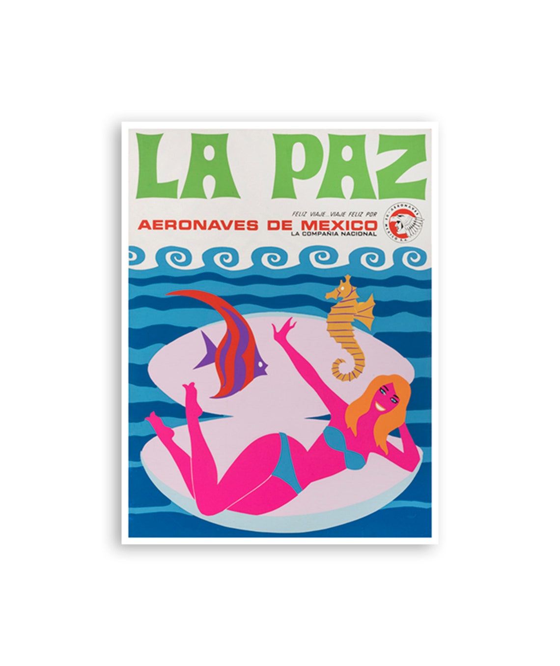La Paz Vintage Aerovias de Mexico Beach Mermaid Travel Poster