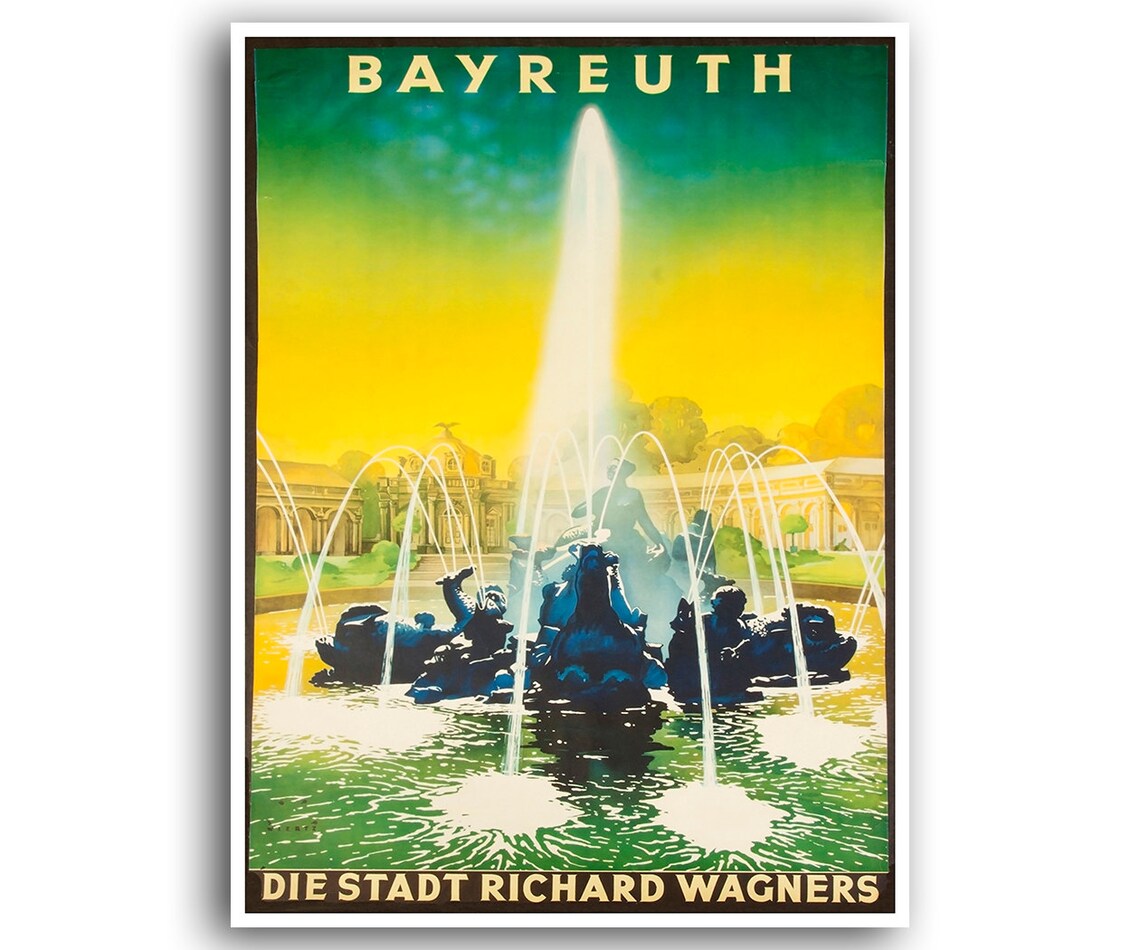 Bayreuth City of Richard Wagner Vintage Travel Poster Fountain Scene
