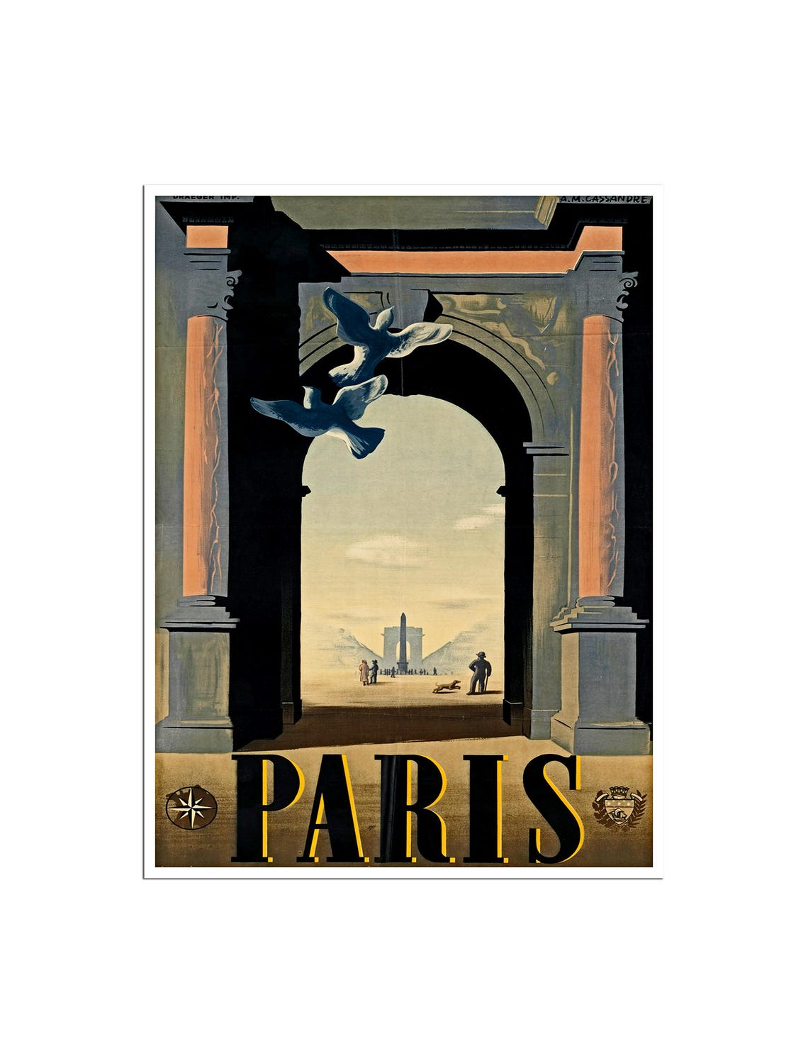 Paris Vintage Travel Poster Cassandre Archway Doves Obelisk France