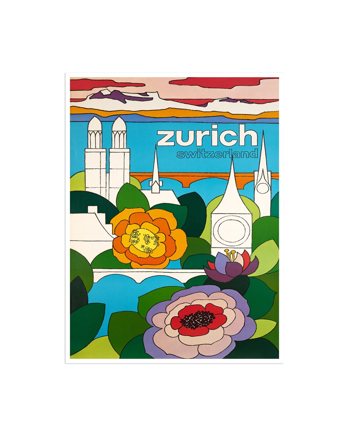 Zurich Switzerland Vintage Travel Poster Pop Art Flowers Churches