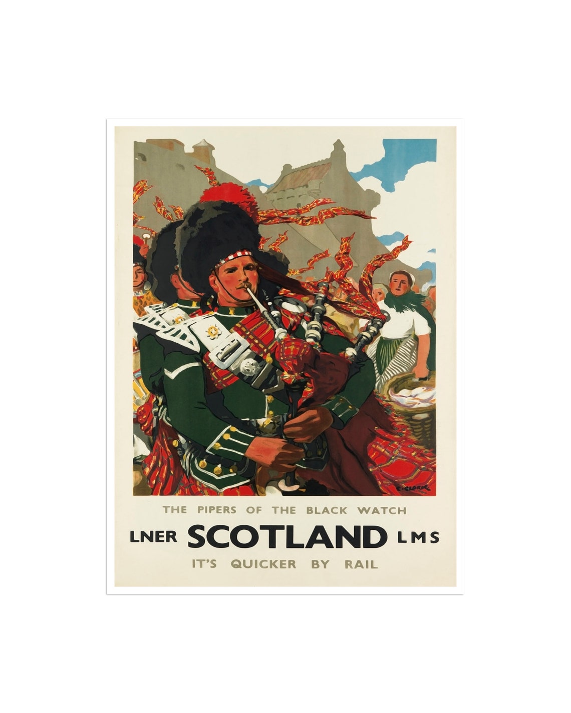 Scotland LNER LMS Vintage Rail Poster with Black Watch Piper