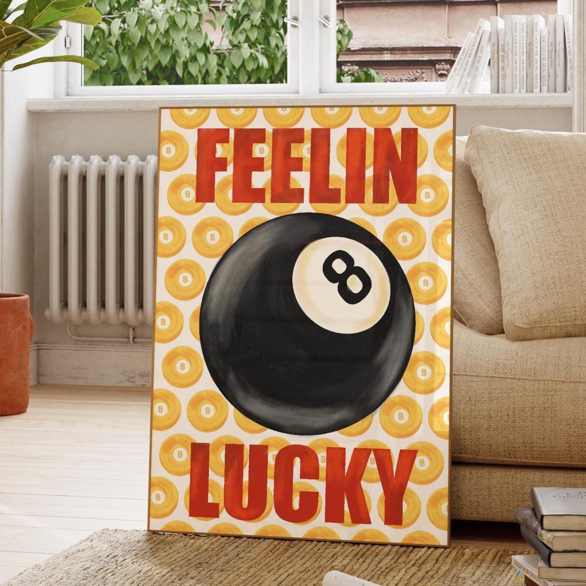 Feelin Lucky Eight Ball Retro Red Orange Pattern Gift Poster