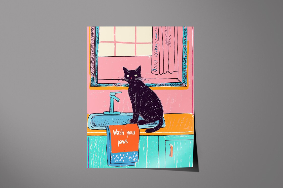 Wash Your Paws Funny Cat Poster, Bathroom Decor - Image 5