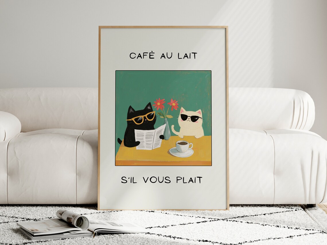 French Cafe Au Lait Cat Print, Kitchen Decor - Image 3