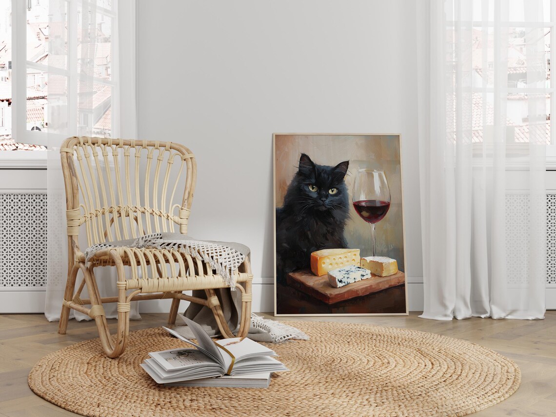 Black Cat Drinking Wine, Minimalist Bar Art Print - Image 3