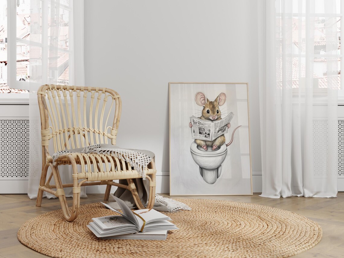 Mouse Reading A Newspaper Bathroom Art Print - Image 2