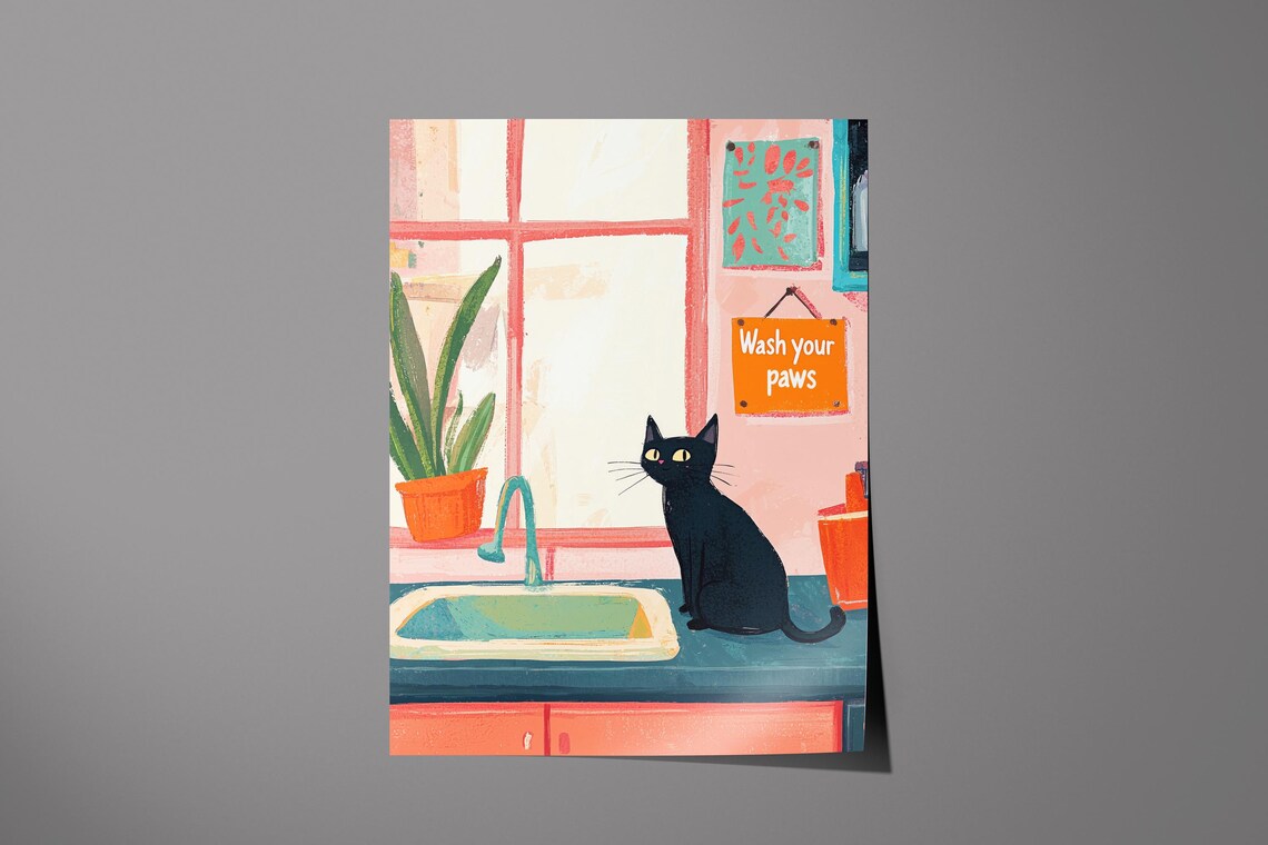 Wash Your Paws Funny Cat Bathroom Decor Poster - Image 5