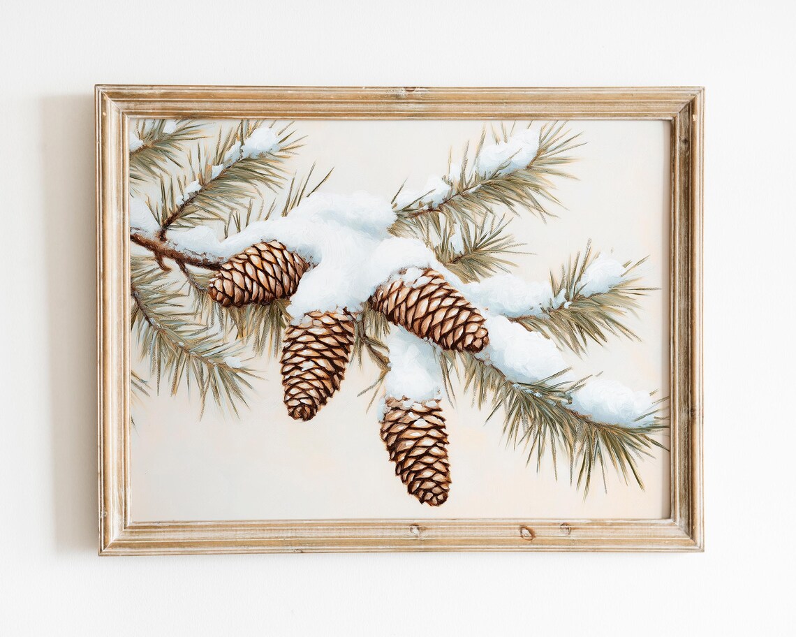 Snowy Pinecones On Pine Branch Winter Nature Painting Christmas Art Poster