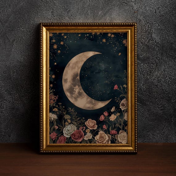 Vintage Enchanting Celestial Mooncelestial Moon Artnight Artvintage Landscapemoon And Flowersnight Sky Paintingdark Academia