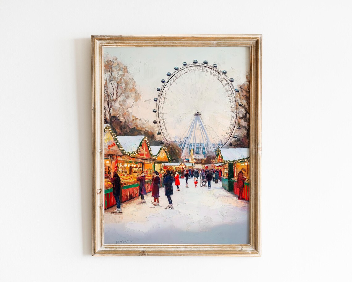 London Snowy Christmas Market Ferris Wheel Festive Holiday Art Poster