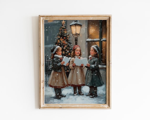 Vintage Christmas Carolers Singing In Snow With Tree Oil Painting Poster