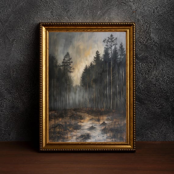 Rustic Forest Landscape, Vintage Dark Academia Art Print