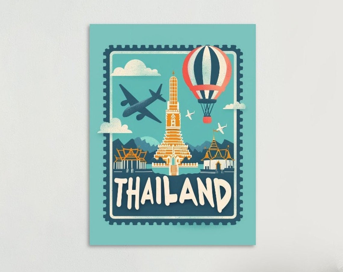 Thailand Temple Wat Arun Vintage Postage Stamp Travel Art Poster